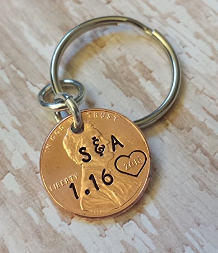 Personalized Lucky Copper Penny Key Chain with Date Initials and Heart Around Year