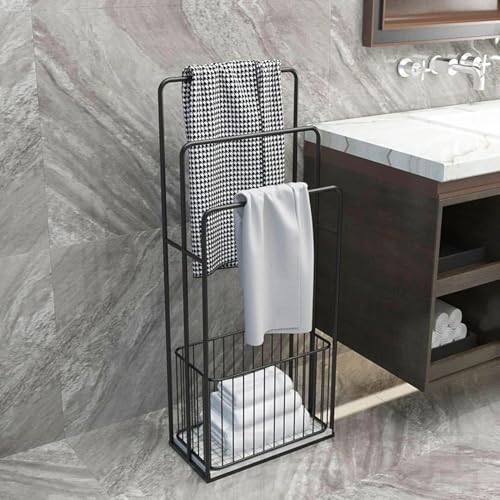 Toallero de pie para baño pequeño con cesta de colada de hierro 2
