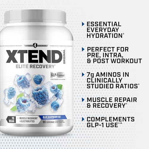 Image of Xtend Original BCAA Powder, 7g BCAAs and 2.5g L-Glutamine for Muscle Recovery Hydration and Lean Muscle, Sugar Free Intra and Post Workout Drink with Electrolytes, Blue Raspberry Ice, 90 Servings