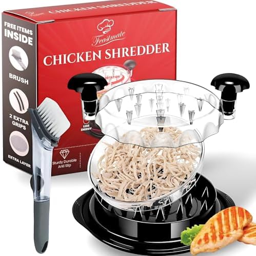 Chicken Shredder Tool Twist Large 10” Meat Shredder with 2 Extra Grips, Transparent Lid, Extra Plate and dispenser Brush – shredder food, meat shredder tool twist, meat grinder, desmenuzador de carne