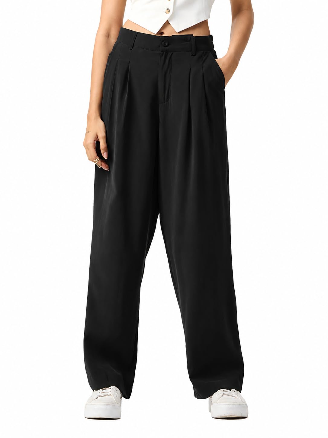 The Souled Store Pleated Trousers: Shadow Women and Girls Elasticated Back Waistband Black Solid Viscose Polyester Blend Straight Fit Lightweight Breathable Everyday Smart Casual Trousers in black