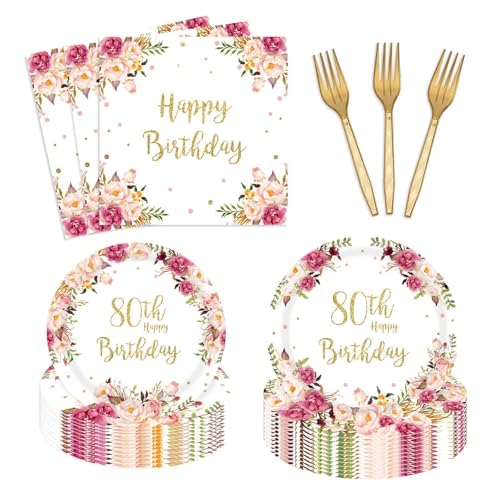 96PCs Happy 80th Birthday Party Supplies for Women 80th Birthday Floral Birthday Plates and Napkins Forks Blush Pink Bday Tableware Party Supplies Decorations