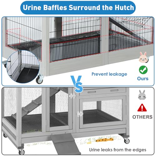 FunXplore Rabbit Hutch Indoor 2 Storey Bunny Cage Outdoor Mobile Guinea Pig Cage Urine Baffles Bottom Wire Floor 2 Trays Metal Feeder