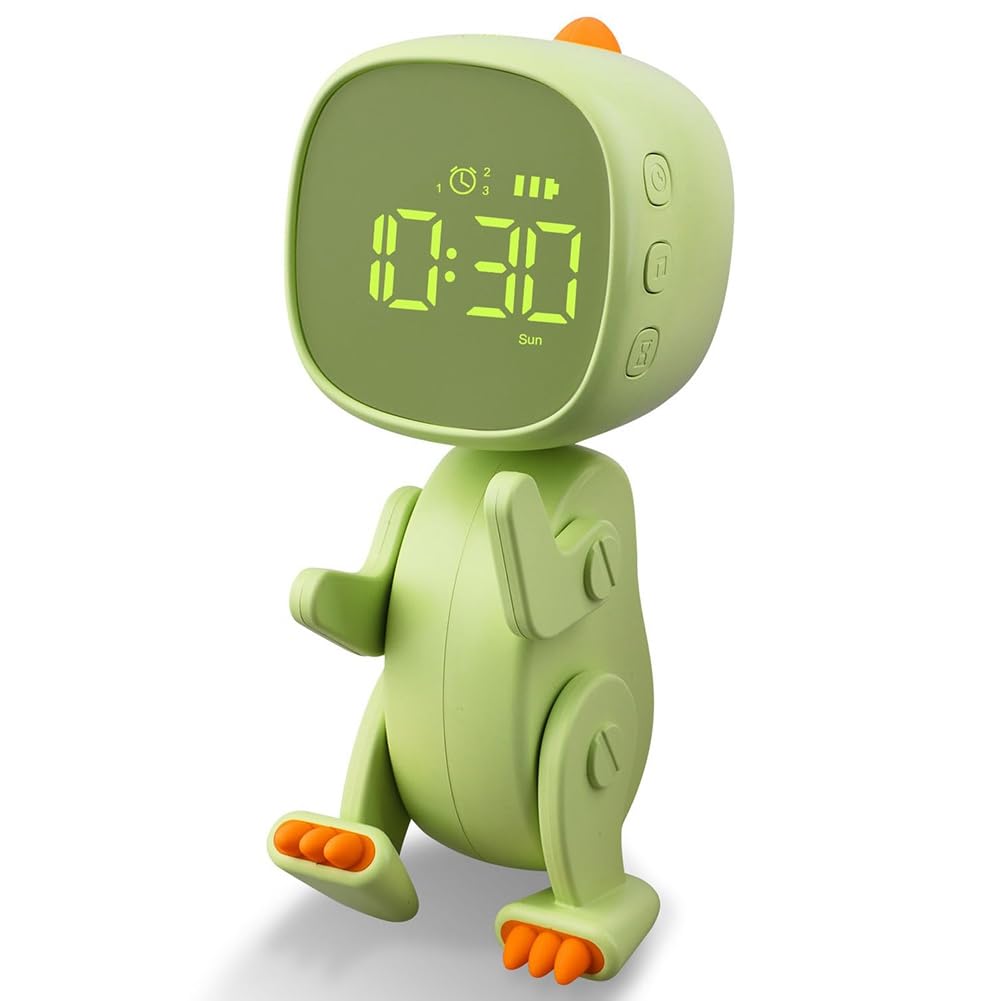 Lrporyvn Children'S Digital Alarm Clock, Three Alarms, Dinosaur Alarm Clock with Variable Shape, Snooze, Night Light Green
