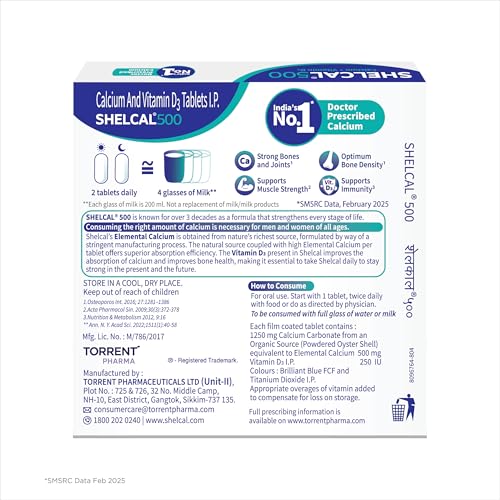 Image of Torrent Shelcal 500 Calcium Tablets With Vitamin D3, 60 Tablets 15 Tablets X Pack Of 4, Healthy And Strong Bone, Joint & Muscles, India's No.1 Doctor's Prescribed Calcium Supplement