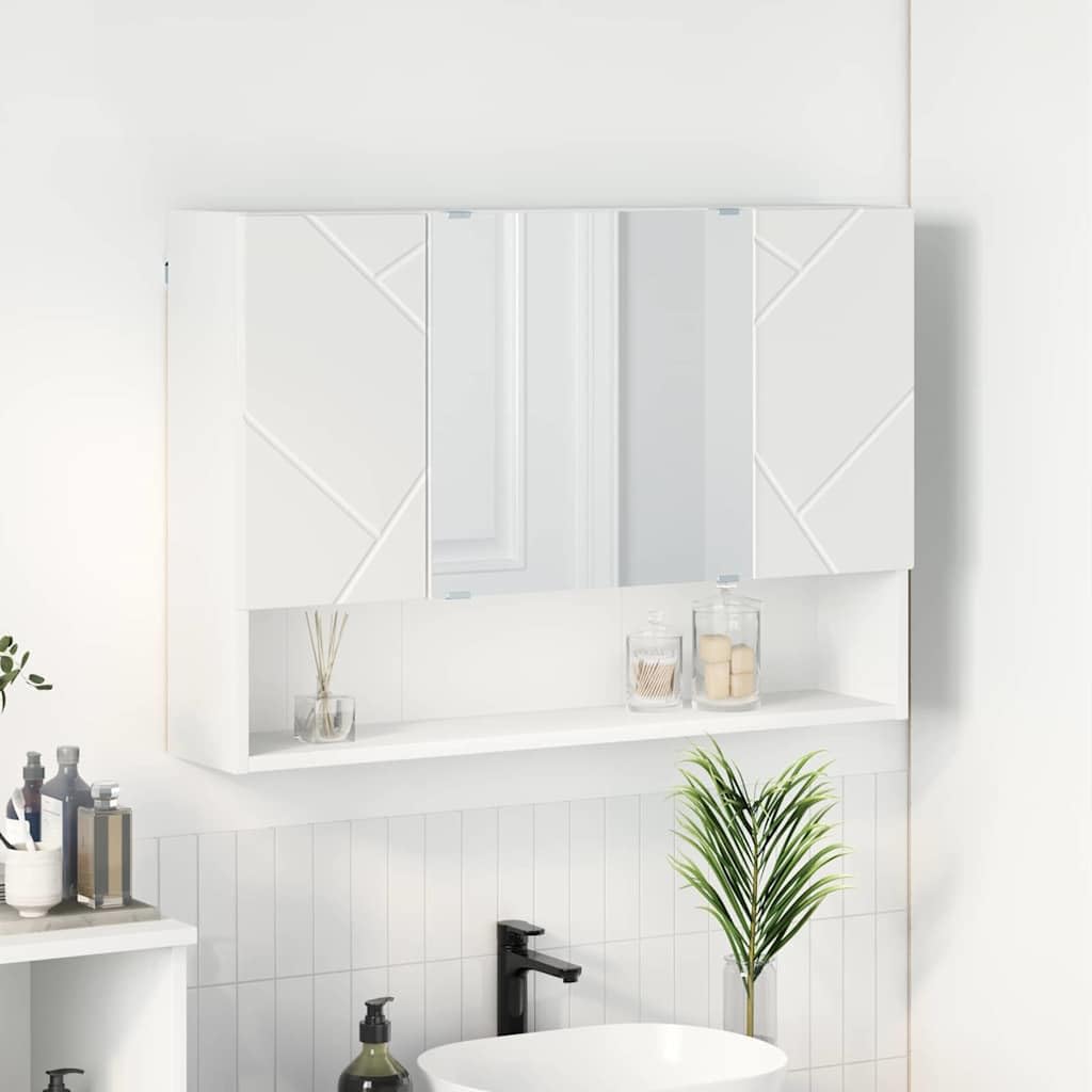 Szafka z lustrem montowana na ścianie, biała, materiał drewnopochodny, 80 x 17 x 55 cm, z 3 zawiasami, miejsce do przechowywania i lustrem, do łazienki, meble łazienkowe, szafka pod umywalkę