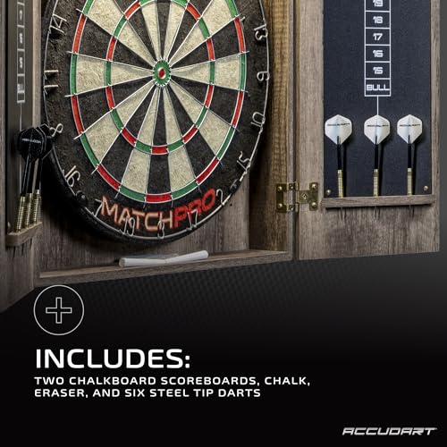 Professional Dartboard Cabinet Set with LED Lighting and Accessories - Official Size - Modern Woodgrain Design - For Dart Enthusiasts