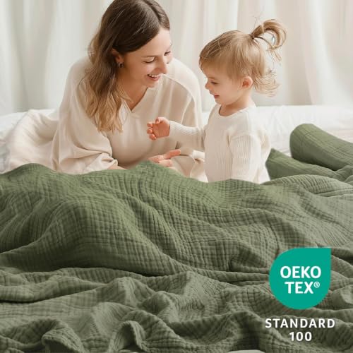 Image of 100% Cotton Muslin Blanket Large 50 inch x 70 inch, Breathable and Lightweight Cotton Throw Blankets for Bed and Couch, Soft Cooling Summer Gauze Blanket for Adults All Season, Olive Green