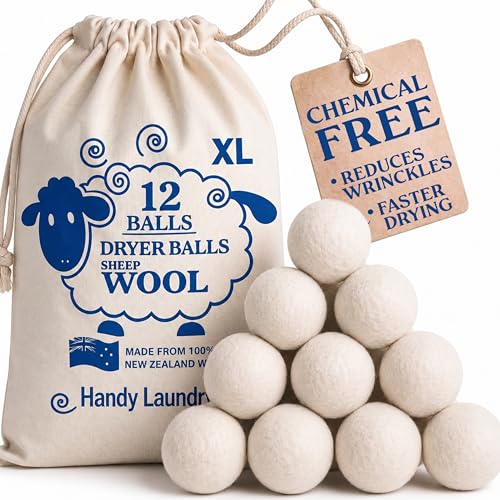 Handy Laundry Wool Dryer Balls - Natural Fabric Softener Reusable Reduces Clothing Wrinkles and Saves Drying Time Better Alternative to Plastic Balls and Liquid Softener (Pack of 12)