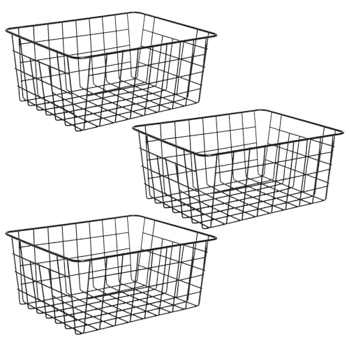 OHS 3 Pack Wire Basket Storage Small Metal Kitchen Storage Baskets Wire Freezer Organiser Bin Vegetable Baskets for kitchens Pantry Bathroom Cupboards Black