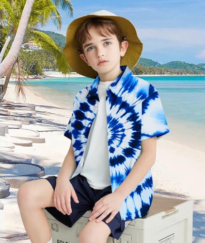 Image of uideazone Boys Tie Dye Button Down Shirt Size 7 Size 8 Cool Funky Shirts Kids Short Sleeve Beach Luau Blouse for Casual Vacation 7-8 Years
