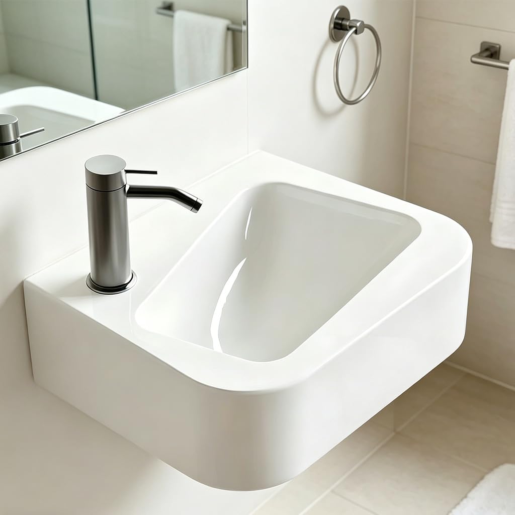 Lavabo de cerámica blanca para baños pequeños, lavabo suspendido rectangular de 35.5×25.5 cm, lavabo encimera moderno colgado a pared con desagüe izquierdo