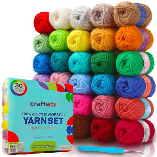 CRAFTWIZ 100% Acrylic Yarn for Crocheting and Knitting - 30x20g Skeins of #4 Worsted Weight 1200 Yards of Soft Yarn Perfect for Amigurumi and Other Small Crafts Projects
