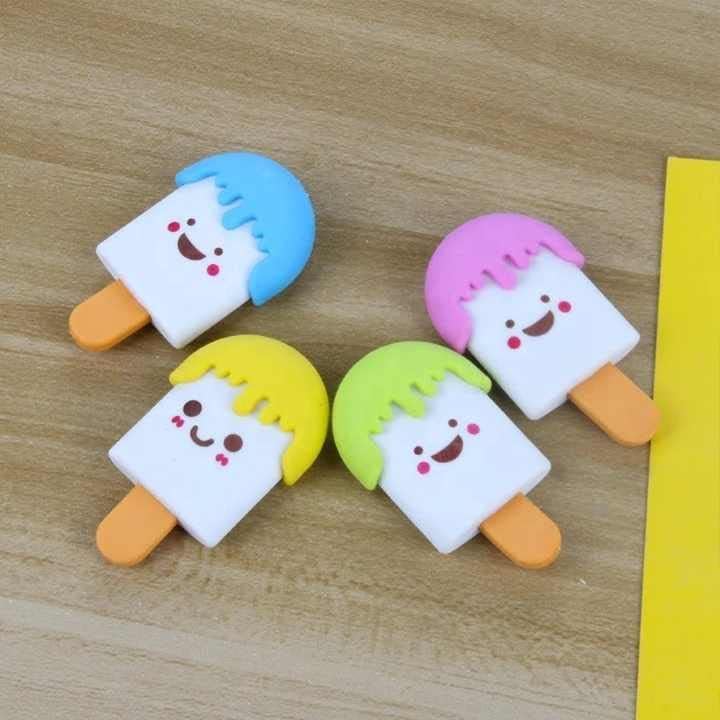 Image of AK Store (Pack of 4) 3D Cute Cartoon Shape Rubber Pencil Erasers, School Stationery for Kids, Boys Girls, Birthday Return Gifts (Ice Cream)