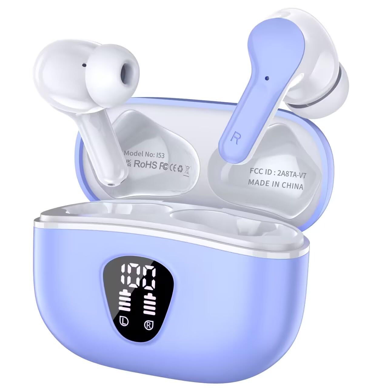 BESNOOW Cuffie Bluetooth, Auricolari Bluetooth 5.3 Stereo HiFi con 4 HD Mic, Cuffie Wireless In Ear ENC Cancellazione Rumore, 40 Ore LED Display Touch Control, Cuffiette Bluetooth IP7, Azzurro chiaro