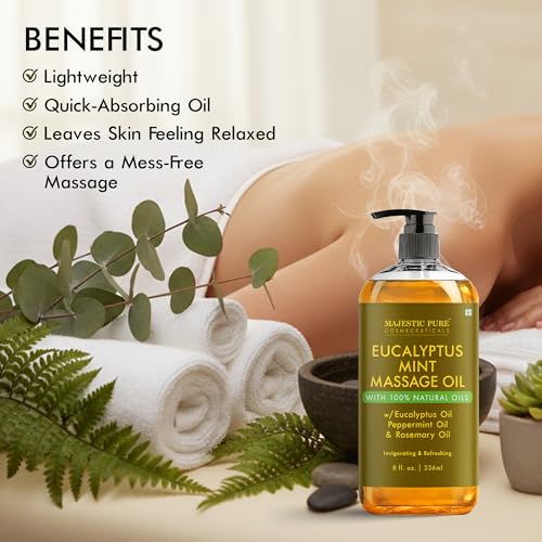 Image of MAJESTIC PURE Eucalyptus Mint Massage Oil for Massage Therapy - Refreshing, and Relaxing - Natural Oils with Eucalyptus Essential Oil - for All Skin Types - Men and Women Massage Lotion- 8 fl oz