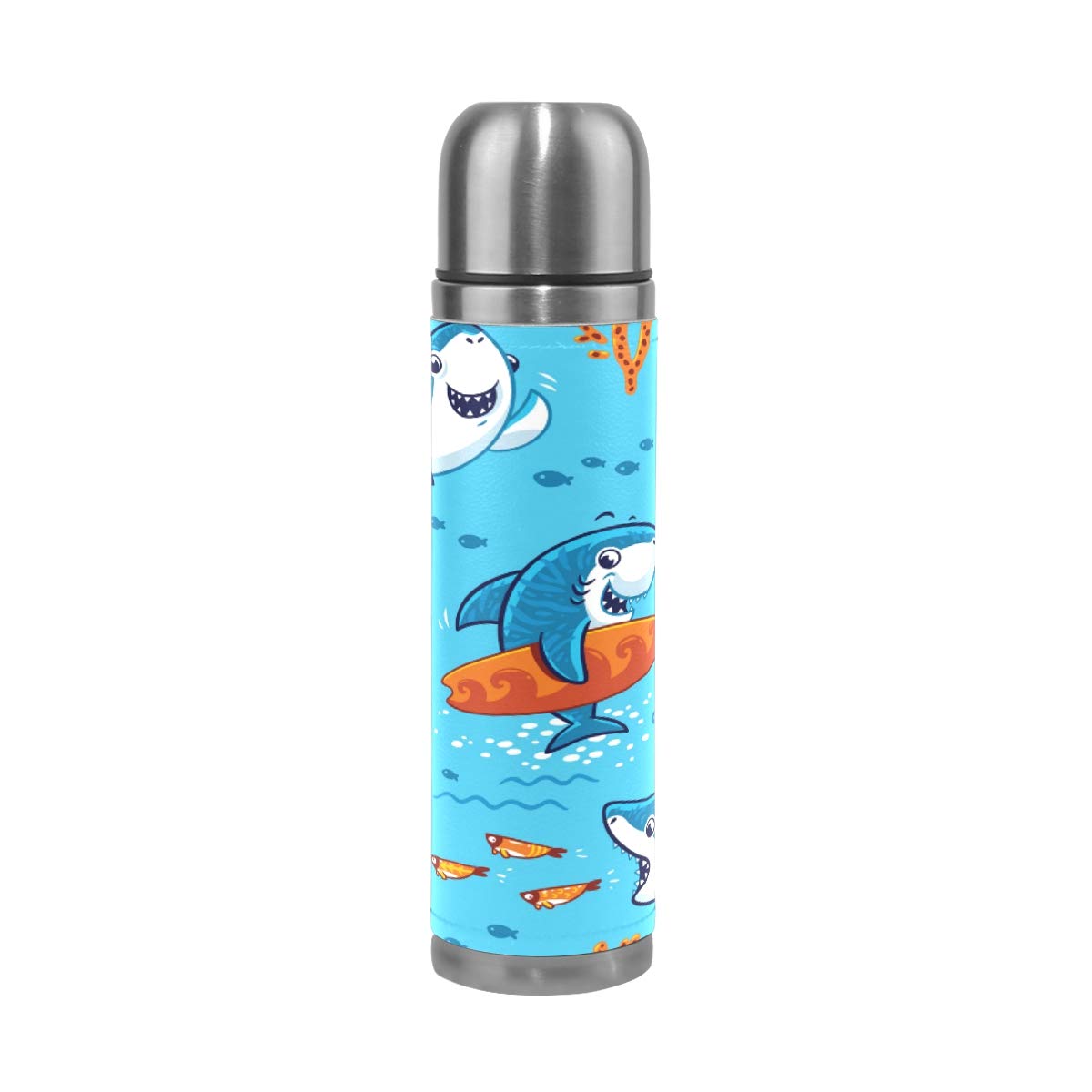 Taza de viaje aislada al vacío de acero inoxidable con doble pared a prueba de fugas, botellas de taza con diseño de tiburones con estampado personalizado impreso en piel auténtica, 500 ml