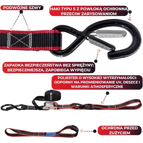 RUNAFLAMA – Pasy Transportowe do Motocykla 550 kg, Pasy Mocujące z Klamrą i Hakami S z Zabezpieczeniem, do Przyczepy, Quada i ATV, Zabezpieczenie Ładunku, 2 Pasy 1,9 m + 2 Pętle Soft Loop