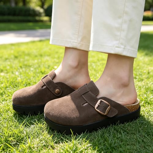 Image of Women's Suede Platform Clogs Chunky Mules Slip On | Arch Support Comfort, Cushioned Footbed, Adjustable Buckle Fit, Water Repellent Upper, Indoor Outdoor Use, All Day Comfort