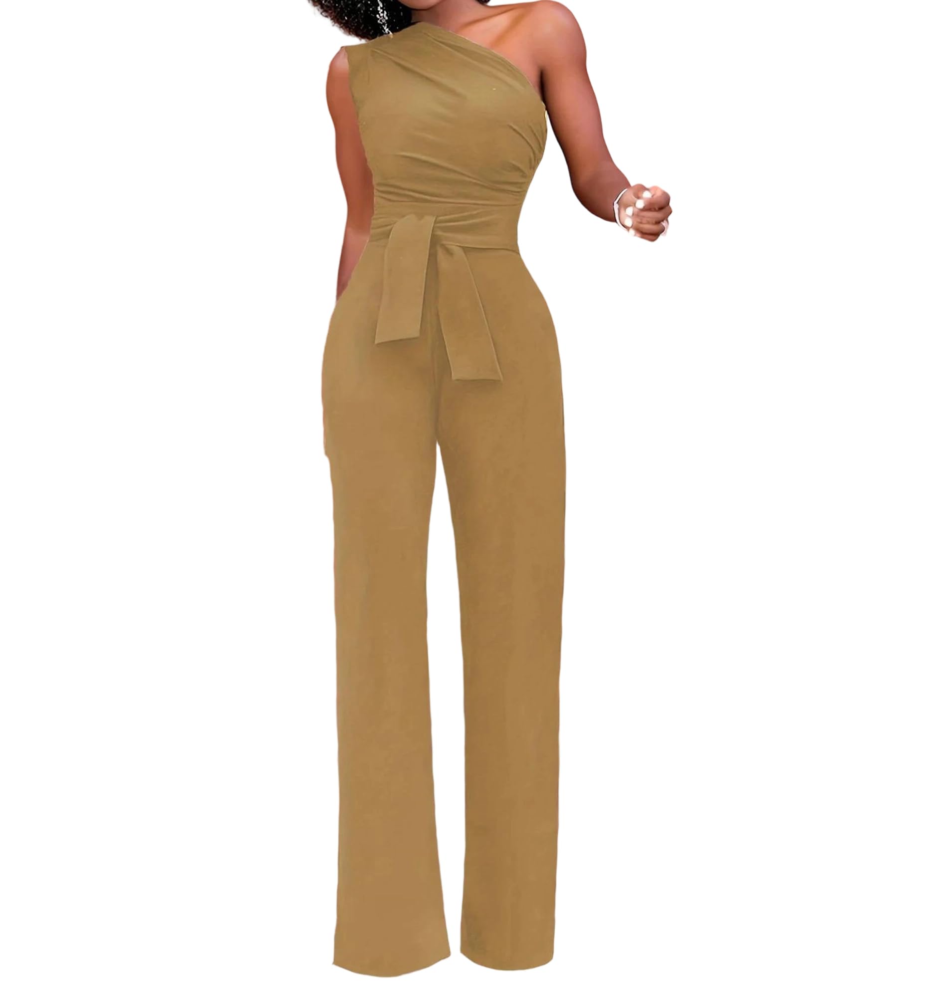 Yeuyyben Mono de pierna ancha con un hombro para mujer, sin mangas, elegante, casual, para fiesta de verano