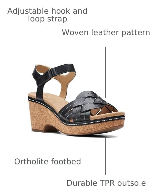 Image of Clarks womens Giselle Coast Wedge Sandal, Black Leather, 8 US