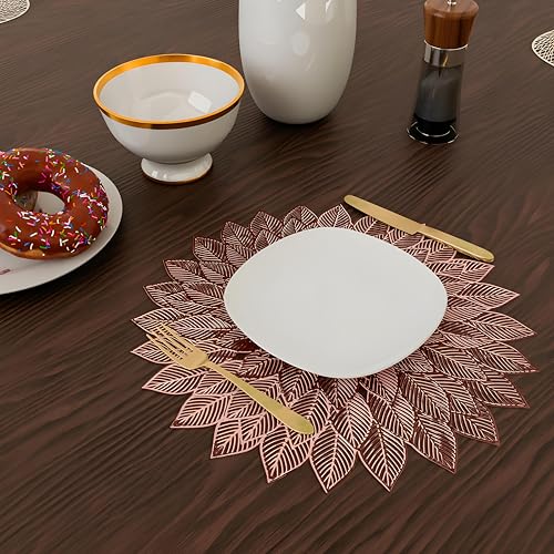 Image of Kuber Industries 2 Pcs Leather Dining Table Placemat | Heat Resistant Table Mat | Decorative Round Placemat Flower Design | Copper