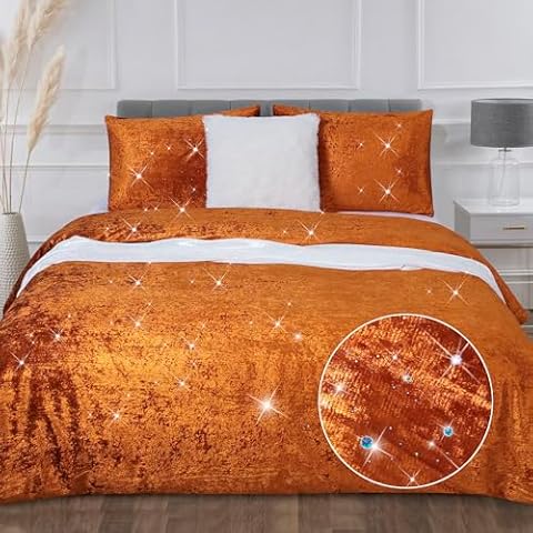 YINFUNG Velvet Duvet Cover Burnt Orange Fall Terracotta Rust Gold King Pumpkin Crushed Velvet Duvet Cover Boho Luxury Textured Sparkle Glitter Bedding Set Autumn Winter Thick Quilt Cover Cover