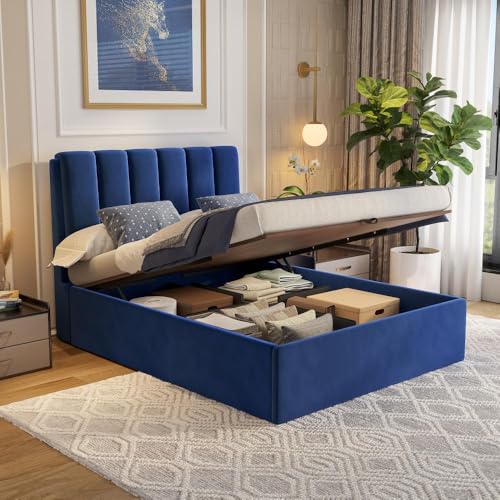 Image of Wakefit Bed | Queen (78 X 60) Solid Wood Bed, Upholstered, Hydraulic, 3 Year Warranty - Antho - Velvet Blue