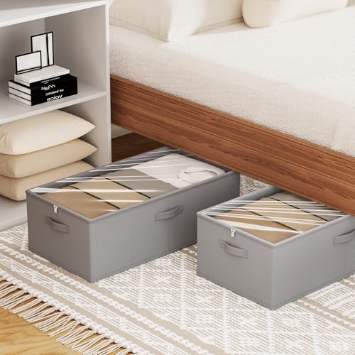 Chizjox 2 Pack Under Bed Storage Containers, 10 Inch Tall Underbed Clothes Storage Organizer Bin with Clear Window，Foldable Box Basket for Clothes, Closet, Bed Sheets and Blankets Gray — view 5