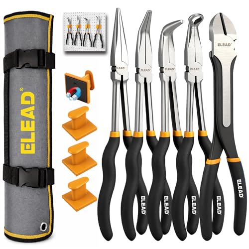 Image of 5-Piece 11 Inch Long Needle Nose Pliers Set with 4 Magnetic Plier Racks, Extra Long Reach Pliers Set, 45 & 90 Bent Needle Nose Pliers, Circle Nose and Diagonal Pliers for Tight Spaces