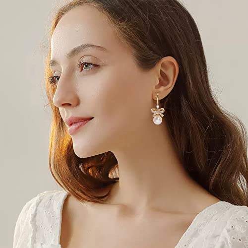 MIKAMU 14K Gold Ribbon Bow Stud Earrings for Women CZ cubic zirconia Gold Plated Dainty Pearl Earring for Women Jewelry (gold)3