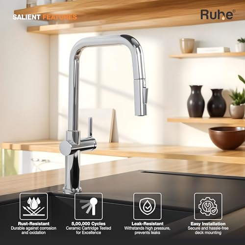 Image of Ruhe Opulo Dual Flow Pull-out Kitchen Mixer Faucet - Chrome | 360 Swivel | Hot & Cold Water Faucet | Single Lever Tap | Table Mounted Kitchen Sink Tap
