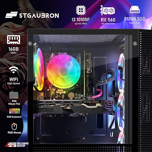 Image of STGAubron Gaming PC Computer Desktop, Radeon RX 560 4G, Intel Core I3-10105F 3.7 up to 4.4G, 16G DDR4, 512G SSD, 600M WiFi, BT 5.0, RGB Fan x 4, RGB Mouse Pad, Windows 11 Home