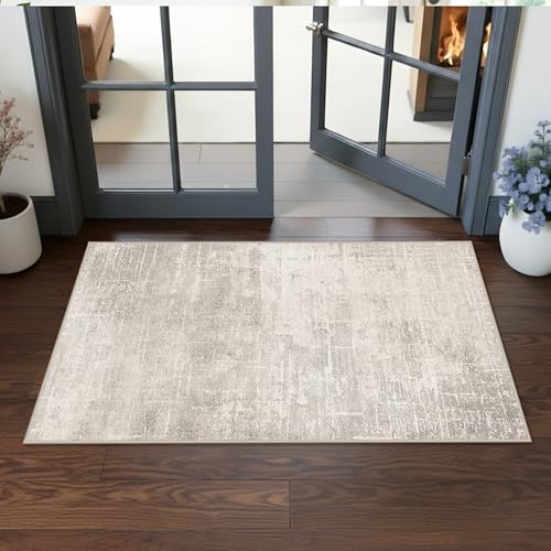 Washable 2x4 Entryway Area Rugs: Abstract Water Resistant Kitchen Sink Rug Non-Slip Durable Doormat Ultra Soft Living Room Bedroom Carpet Low Pile Floor Mat for Bathroom Dining Room(2x4,Beige-Cream)