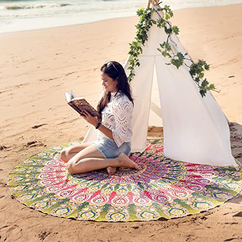 Folkulture Set of 2 Beach Blanket or Round Mandala Tapestry - Bohemian or Boho Tablecloth, Hippie Beach Towel or Picnic Throw, Cotton Yoga Mat or Circle Rug for Meditation - 72 Roundie, Blue Mustard - Image 3