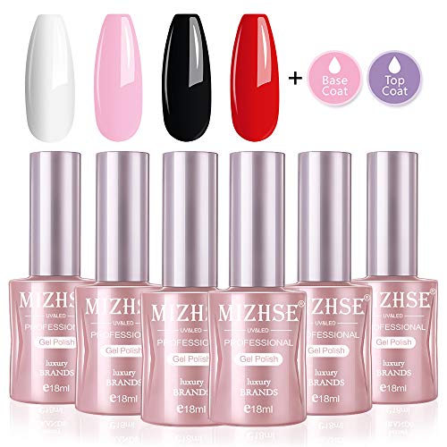 MIZHSE White Black Red Pink UV Gel Nail Polish Soak off UV LED Gift Set 4 Colors with Base Top Coat for Manicure Pedicure Nails Art Salon Design at Home