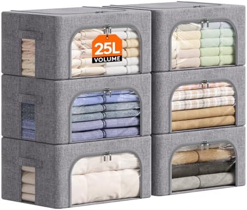 Lifewit Aufbewahrungsbox 25L, Kleidung Aufbewahrung, 6er Set, Hellgrau | Faltbare Kleideraufbewahrung mit Metallrahmen, Stoffbox mit Griffen & Fenster, Aufbewahrung Kleiderschrank