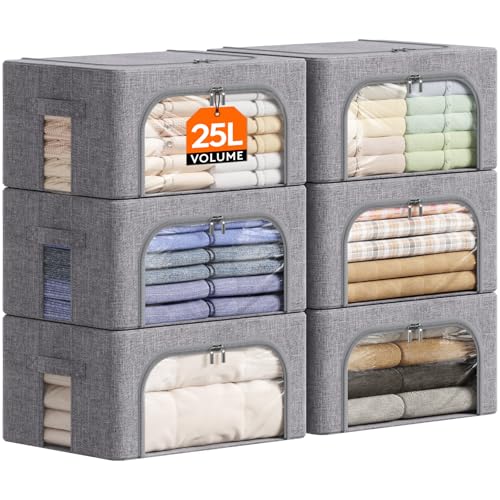 Lifewit Clothes Storage Bins with Metal Frame, Stackable Storage Box, Foldable Clothing Storage Bins with Lids, 25L Storage Bags Fabric Box Organizer with Clear Window& Zippers& Sturdy Handles 6 Pack