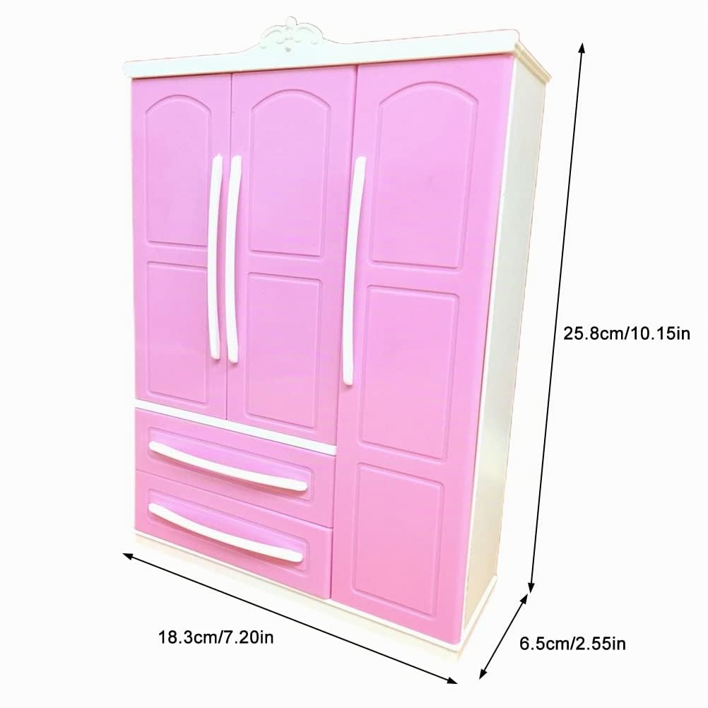 Armadio per bambola rosa con specchio e cassetto, con molteplici scomparti, mini armadio moderno, organizzatore di vestiti, accessori per casa delle bambole, mobili