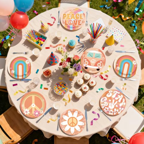 Image of 60Pcs Groovy Party Paper Plates 7 inch Disposable Heavy Duty Retro Hippie Boho Dessert Plates Daisy Flower Peace Love Theme Hippies Party Decoration for Summer 60s 70s Birthday Baby Shower Party Supplies