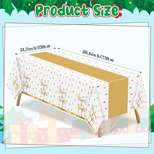 Image of Christmas Winter Waterproof Tablecloths - 3 Packs Gold White Mini Christmas Tree Tablecloths Colorful Waterproof Table Cover Merry Bright Disposable Plastic Tablecloth Xmas Party Table Decor