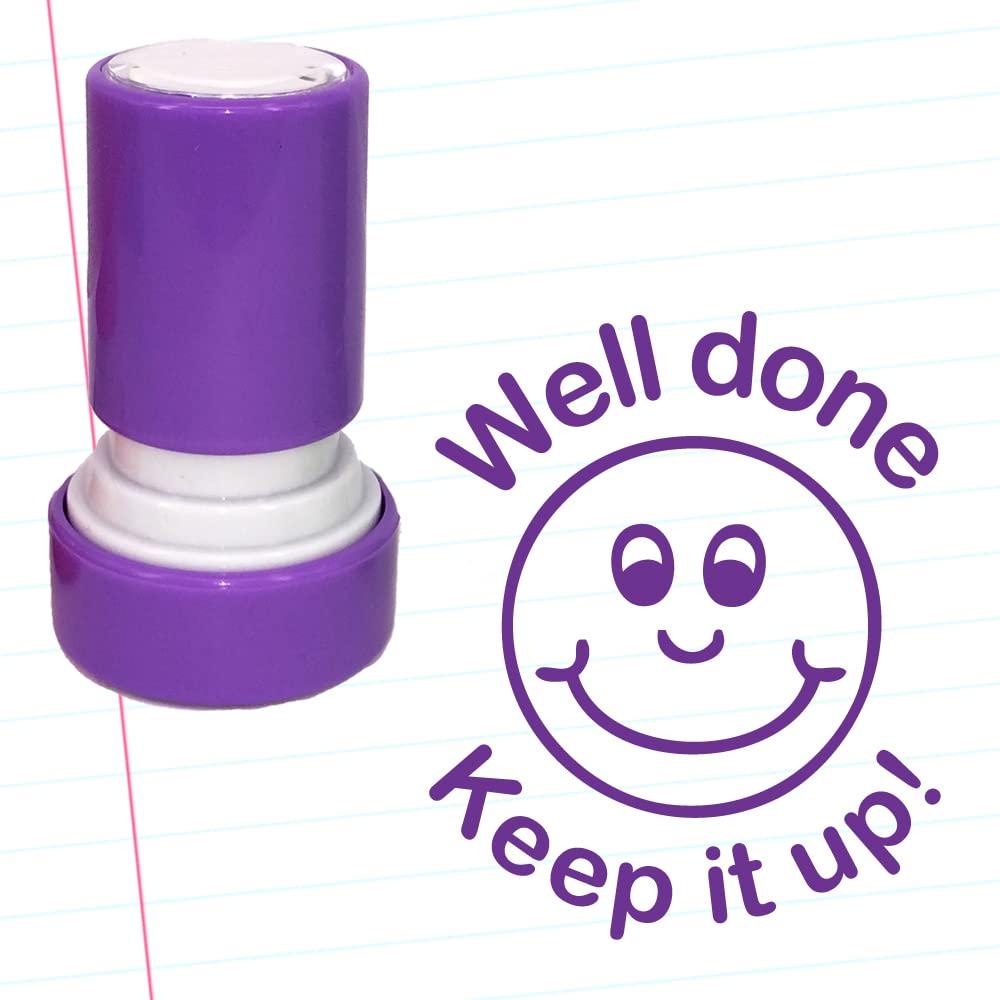 Well Done!, Keep it up! Teacher Stamp. Self-Inking, 22mm, Reinkable, Quality Stamper for Marking and Praise. Purple Ink*