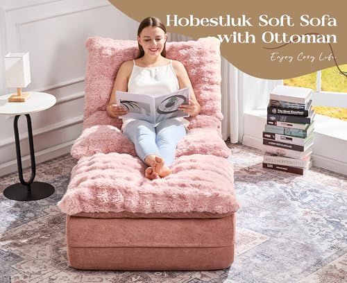 Image of Hobestluk Small Couch Sofa Chaise Lounge Chair Recliner Chair with Footrest | Ergonomic Design,Fluffy Fabric,Multi-Functional Ottoman,No Assembly,Lounge Chair Indoor Living Room Apartment | Pink Single