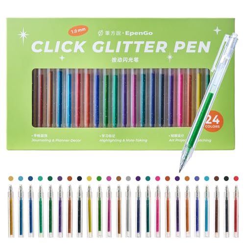 EpenGo Click Glitter Gel Pen Set 24 Colors 1.0mm Tip for Adult Coloring Books Journaling Art Projects & Planner Decor(Retractable Glitter Pen - 24 Colors)