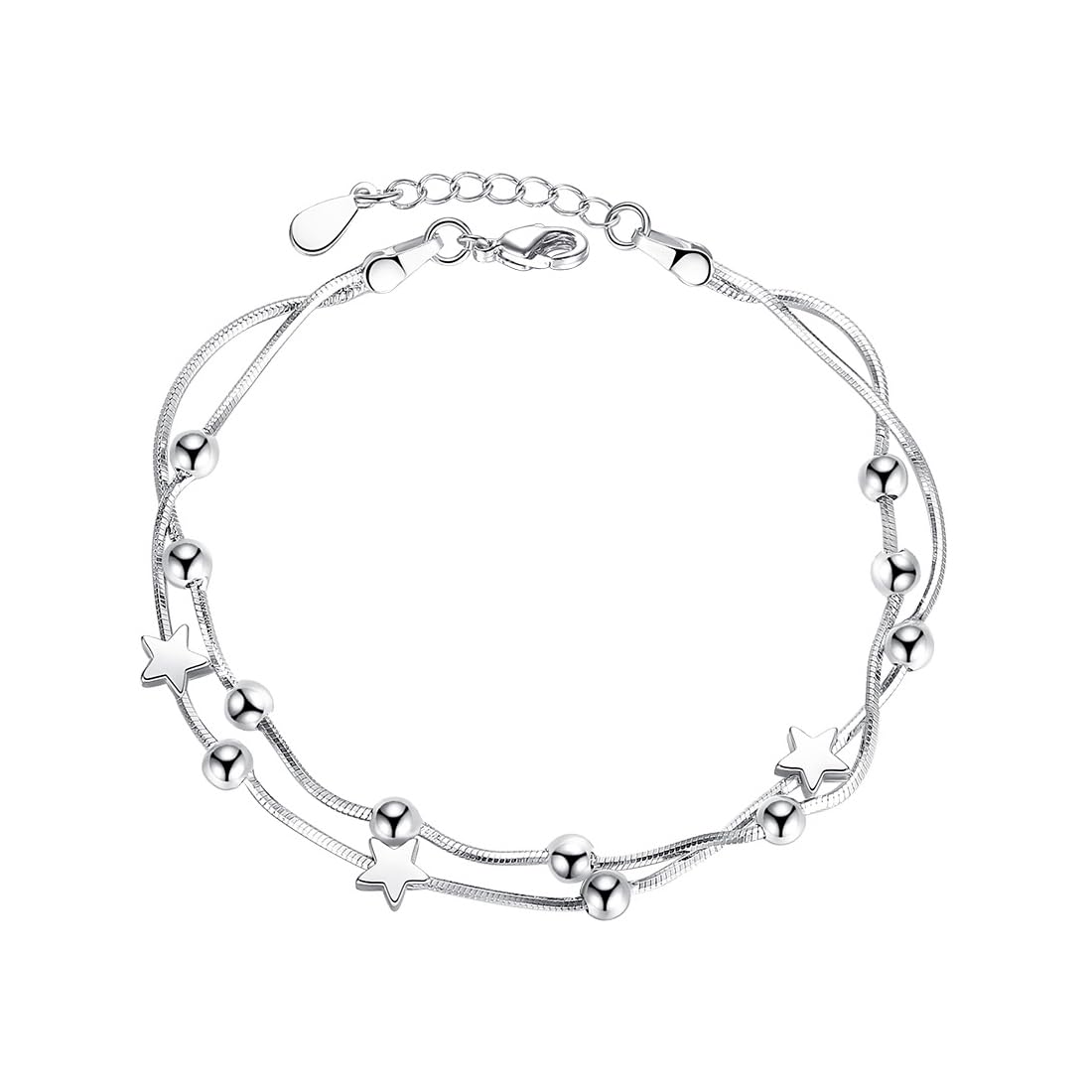 Zeayebsr pulsera plata mujer -pulseras,2 en 1 Pulsera Mujer, Elegante Pulsera con Pequeñas Estrellas y Perlas, de Plata de ley 925, Eslabones Amistad Ajustable Charm Pulseras Capas Regalo Aniversario