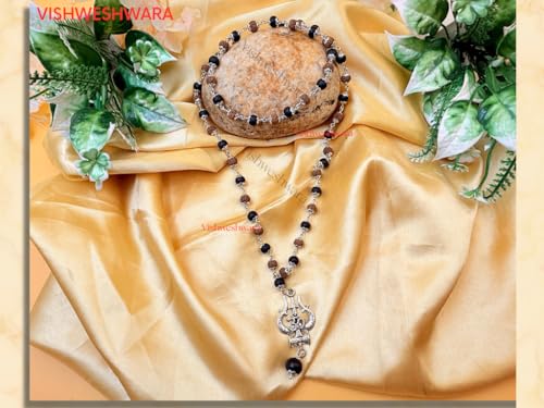 Image of Govt. Lab Certified Karungali Rudraksha Om Shiv Triushul Malai Original | 100% Natural Ebony Wood (54+1) Beads Mala 8mm in German Silver Cap | for Men & Women