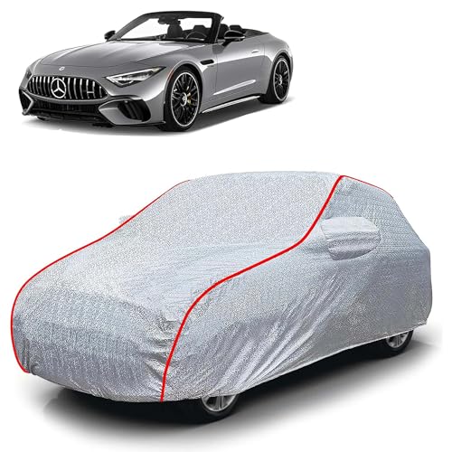 Image of Sulfar 100% Waterproof Car Body Cover Compatible with Mirror for Mercedes Benz SLClass (Triple Stitched, Full Bottom Elastic, Magic Silver with Red Piping)