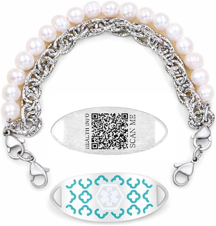 Uloveido Stainless Steel Pearl Double Layer Medical Alert Bracelet for Women, Custom Engraved or QR Code Medical ID Bracelet, Adjustable Dual Lobster Clasp Emergency Contact Allergy ID Jewelry
