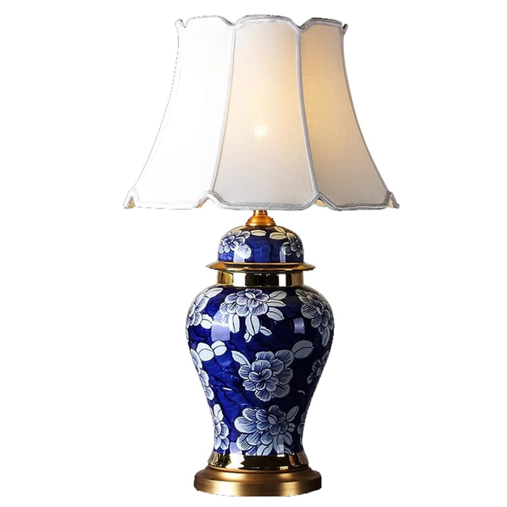 SANBDDLYY Large Blue Chinese Oriental Ceramic Table Lamp - Hand-Painted Porcelain Desk Fabric Lampshade for Bedroom & Living Room