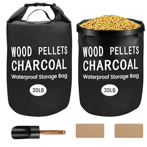 30LB Waterproof Wood Pellet Storage Bag 2 Pack, Heavy Duty 500D PVC Charcoal Grill Pellet Bag with Dual Shoulder Straps & Carry Handles, Foldable BBQ Fuel Storage with Buckle Seal, Label Pocket Scoop